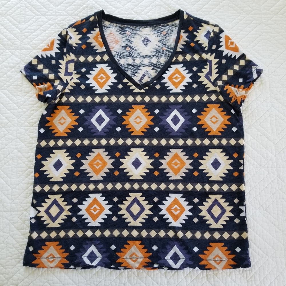 L.L. Bean Blue Southwest Aztec Cotton Modal V Neck Short Sleeve Tee Women's XS